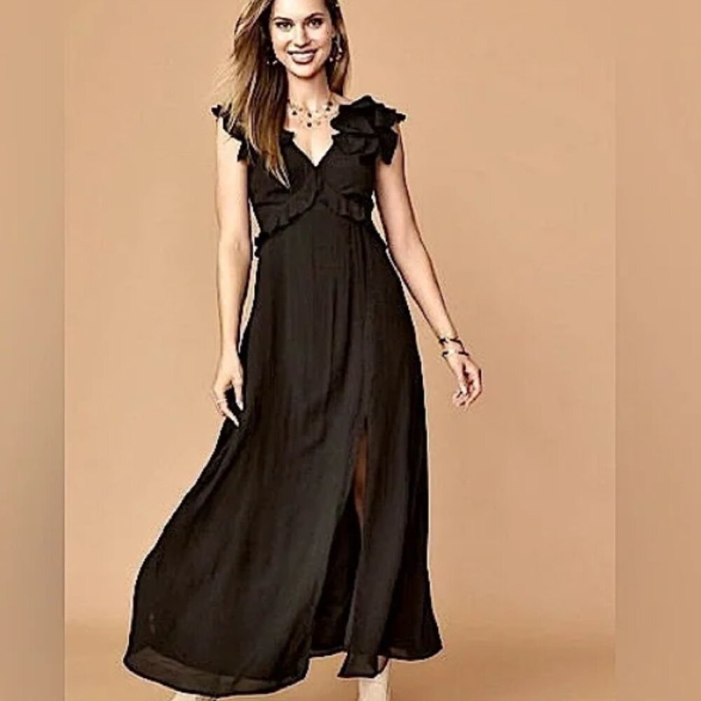 Francesca's- Blue Rain- Black- Ruffle- Backless-Maxi Dress- Size XS